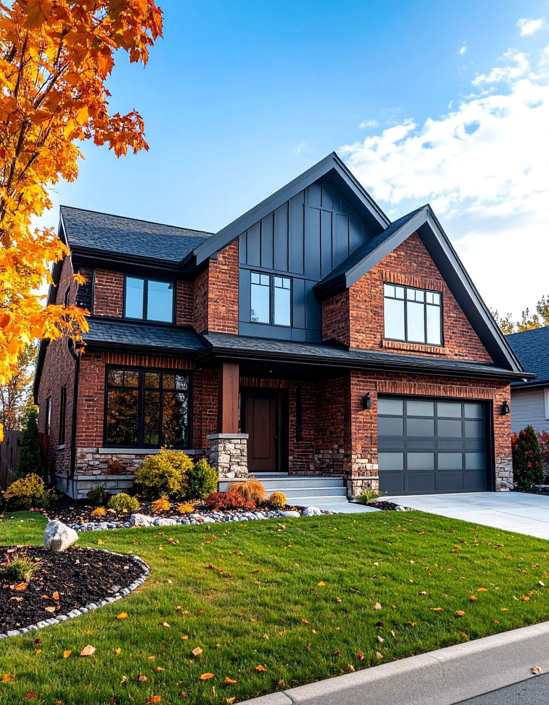 Minimalist Brick with Slate Panel Features - 25 Brick Houses With Stone Accents