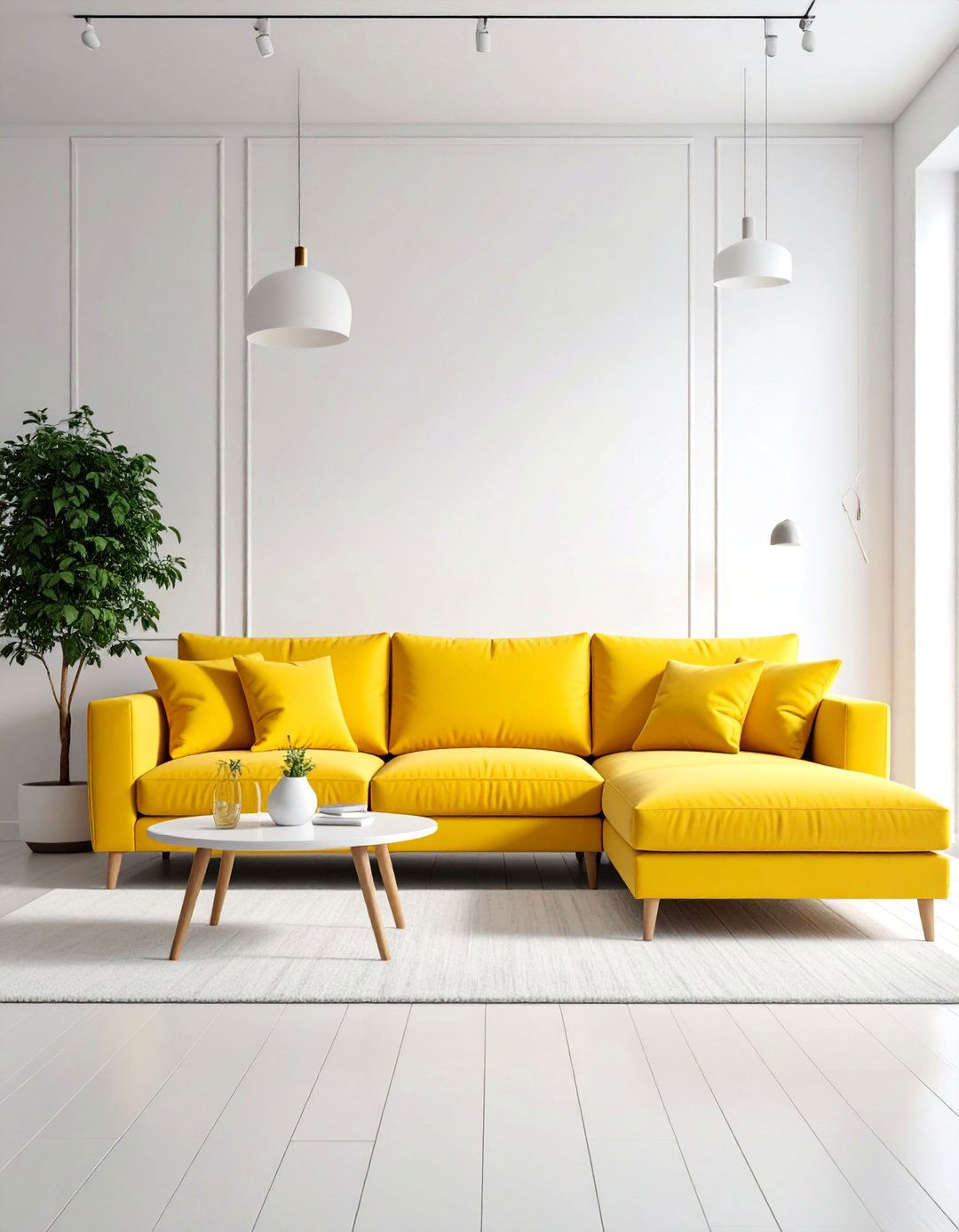 Minimalist Bright Yellow Sectional with White Gallery Walls - 25 Yellow Couch Living Room Ideas