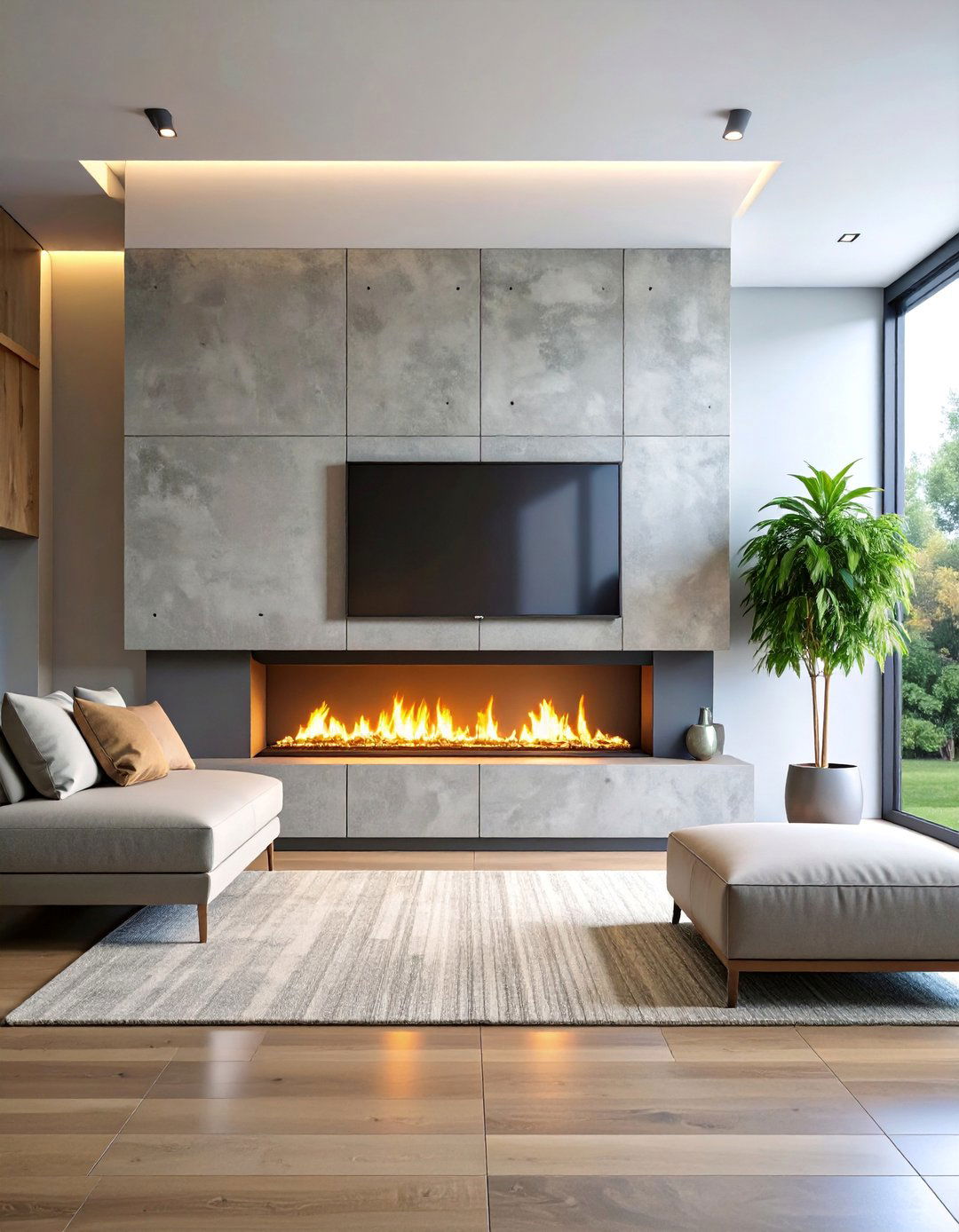 Minimalist Concrete Linear Fireplace with Hidden TV Panel - 25 Linear Fireplace Ideas With Tv Above