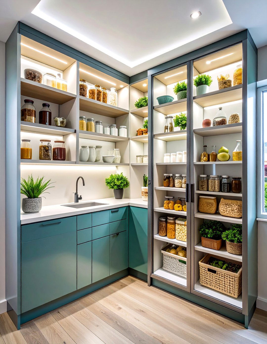Minimalist Corner Pantry with Floor to Ceiling Glass Doors - 25 Corner Pantry Ideas