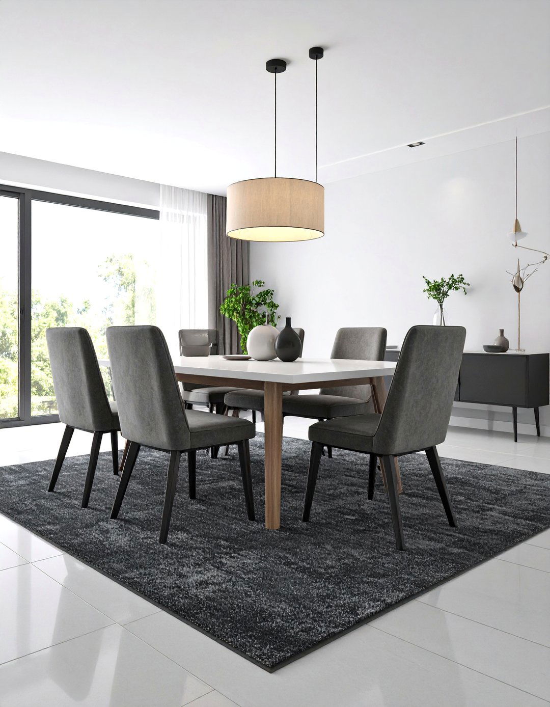 Minimalist Dining Room with Monochrome Carpet - 25 Carpeted Dining Room Ideas