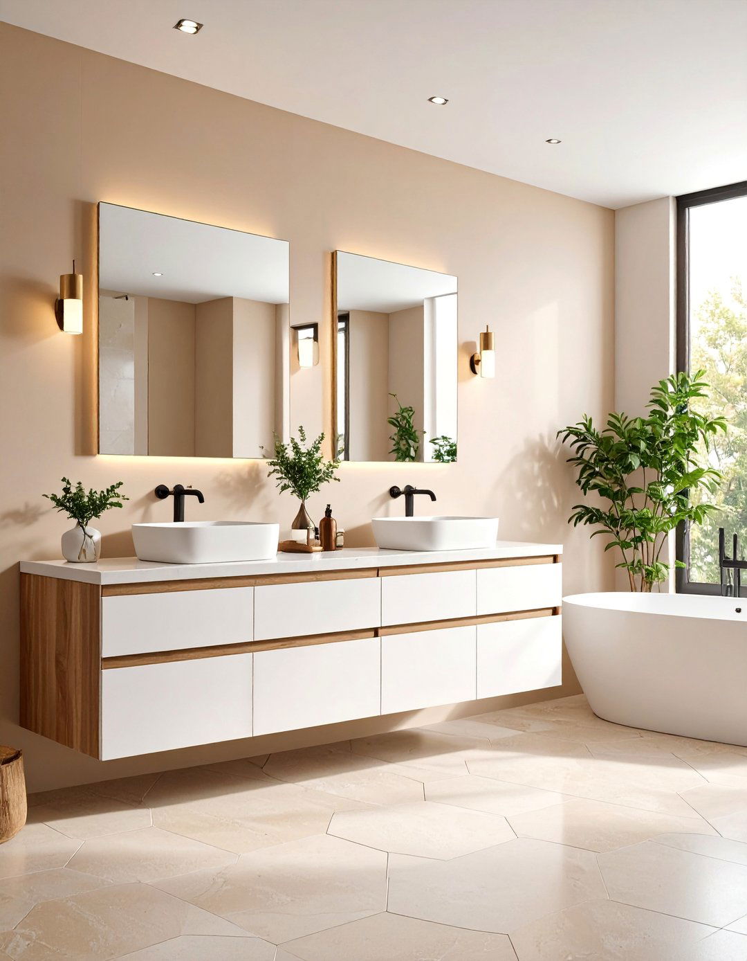 Minimalist Floating Vanity Bathroom with Clean Lines - 25 Beige and White Bathroom Ideas