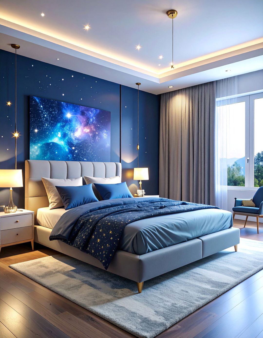 Minimalist Galaxy Bedroom with Dark Walls - 25 galaxy space-themed bedroom ideas