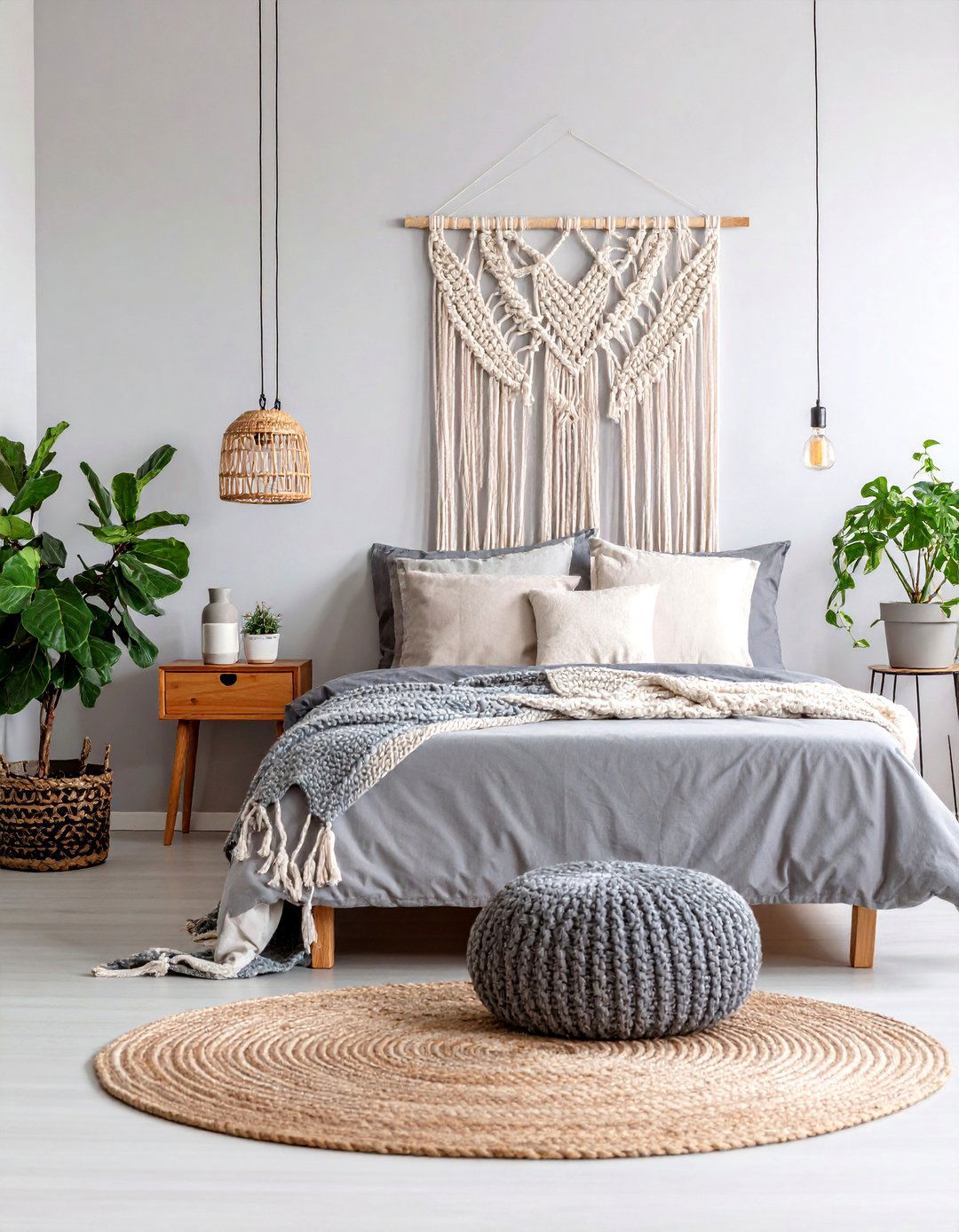 Minimalist Grey Boho Bedroom with Macrame Headboard - 25 Grey Boho Bedroom Ideas