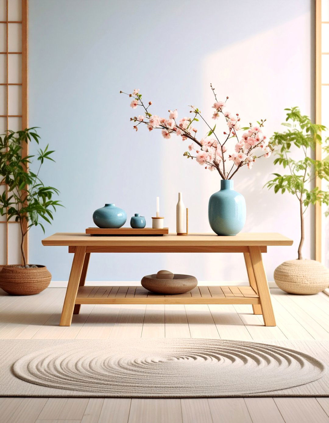 Minimalist Japanese Console with Zen Garden Simplicity - 25 Sofa Table Decor Ideas