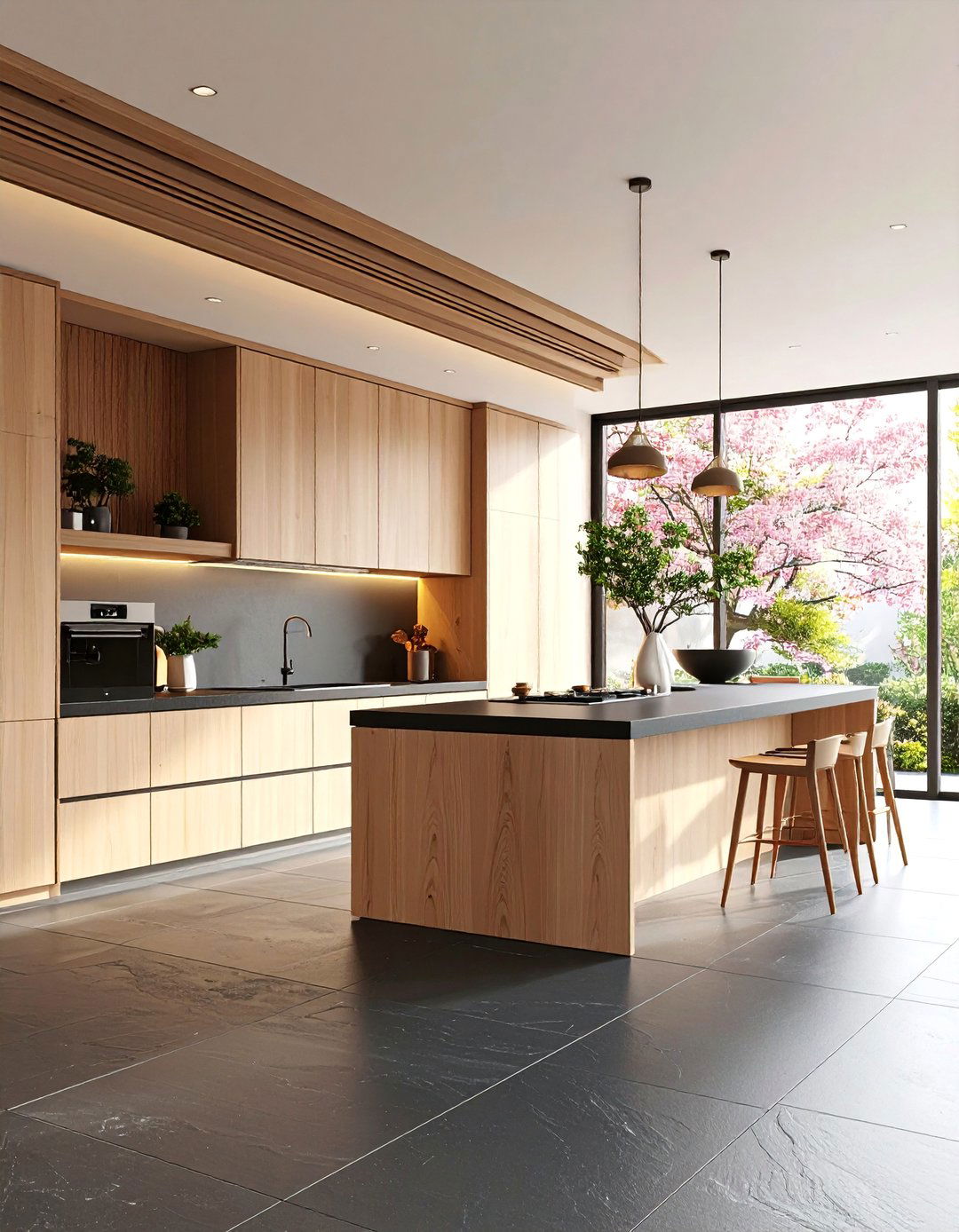 Minimalist Japanese Kitchen with Dark Slate and Wood - 25 Kitchens With Slate Floors