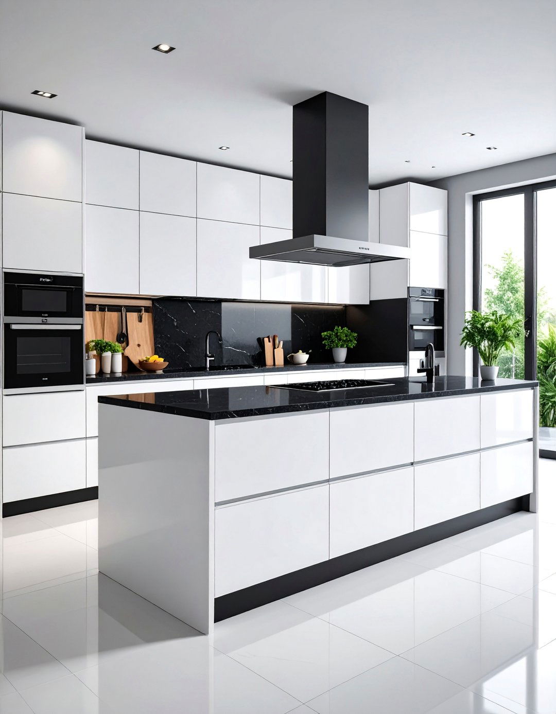 Minimalist Kitchen with Handle Free Cabinets and Black Quartz - 25 white kitchen with black countertops ideas