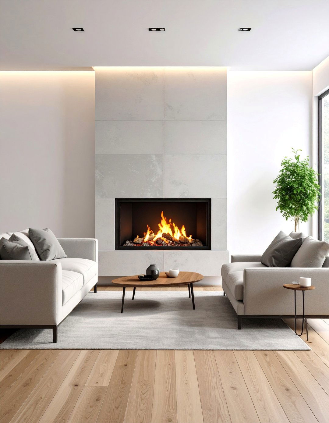 Minimalist Linear Faux Stone Fireplace in Matte White Living Room - 25 Faux Stone Fireplace Ideas