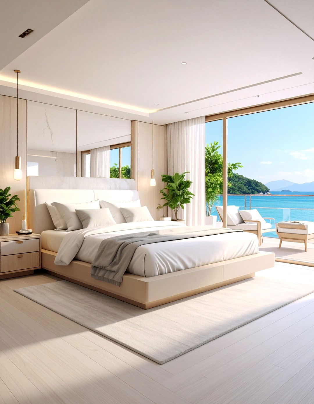 Minimalist Luxury Yacht Bedroom with Panoramic Windows - 25 yacht bedroom ideas