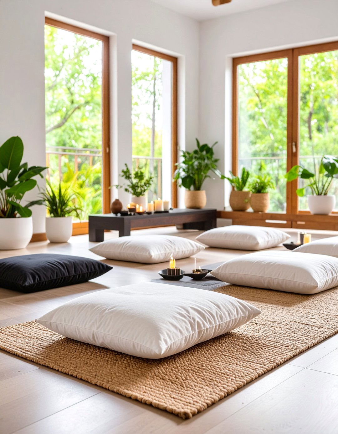Minimalist Meditation Space with Natural Elements - 25 Black and White Boho Living Room Ideas
