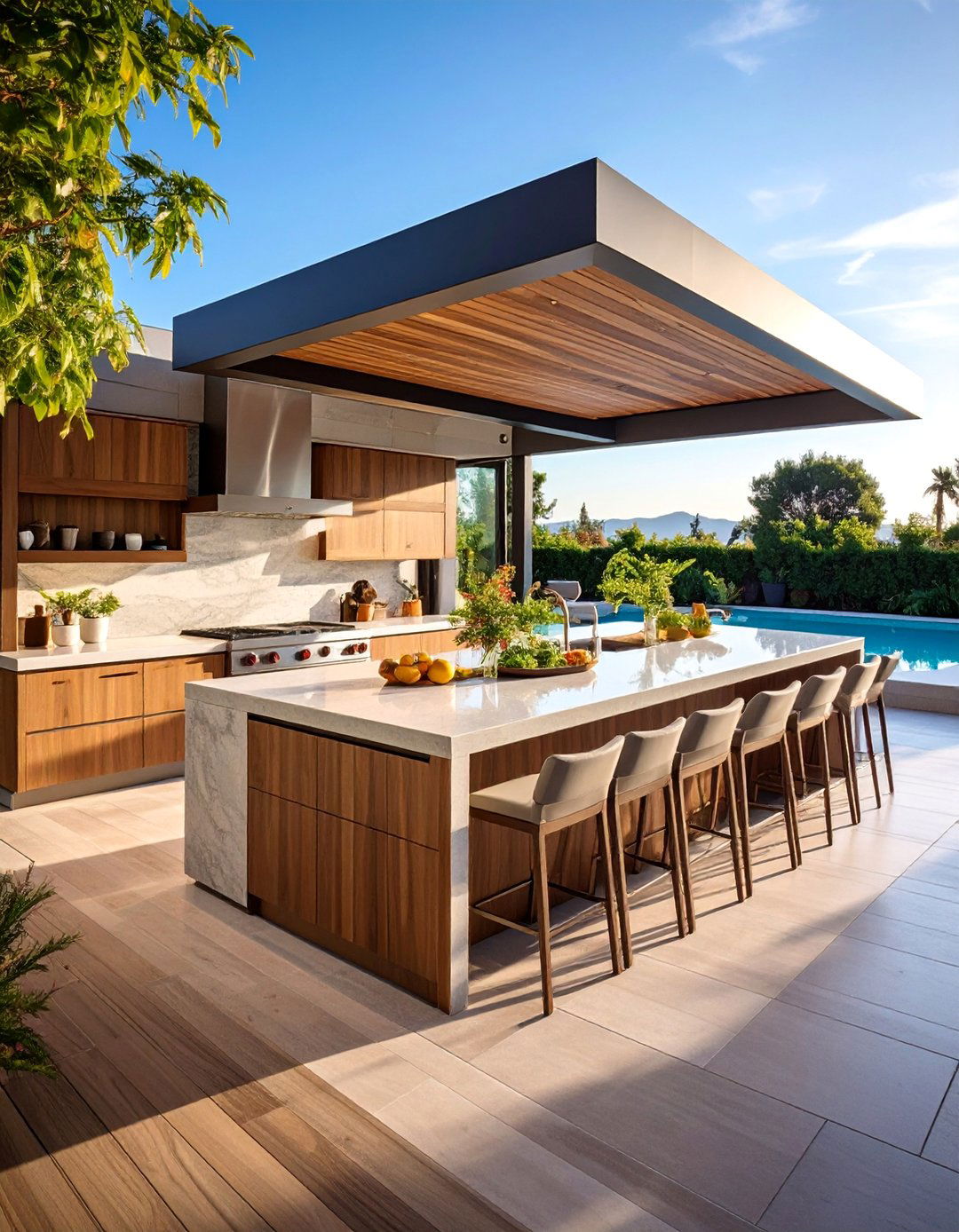 Minimalist Modern Island with Waterfall Counters - 25 Luxury Outdoor Kitchen Ideas