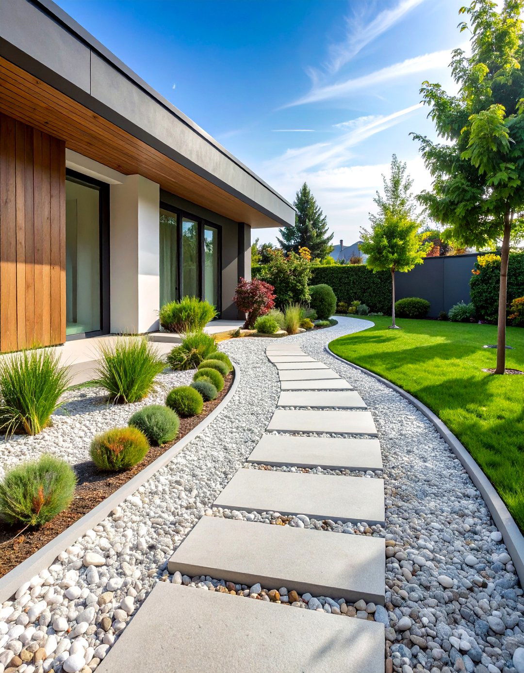 Minimalist Modern Pea Gravel Walkway with Concrete Edging - 25 Pea Gravel Walkway Ideas