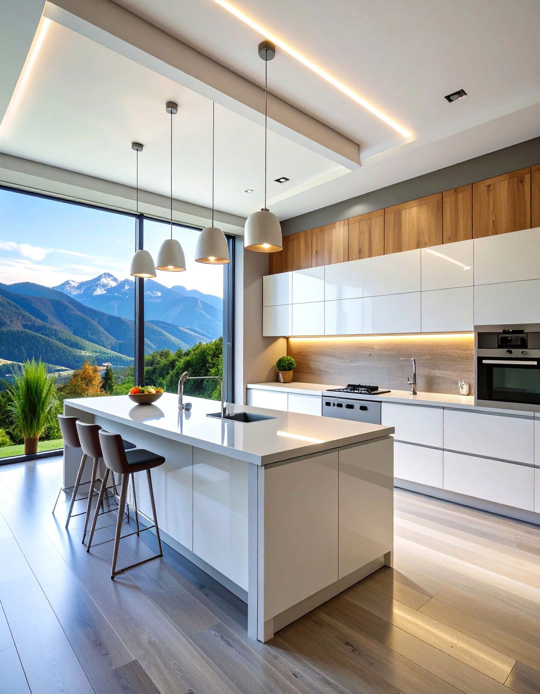 Minimalist Mountain Kitchen with Floor to Ceiling Windows - 25 Mountain House Kitchen Ideas