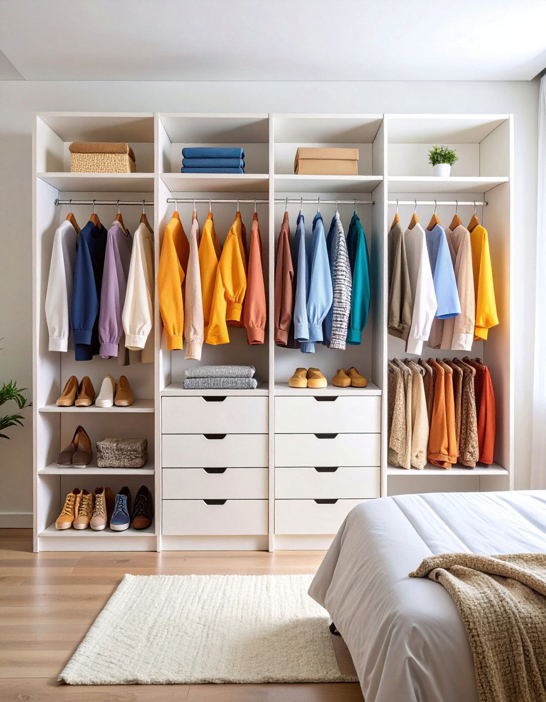 Minimalist Open Closet with Color Coordinated Organization - 25 Open Closet Ideas