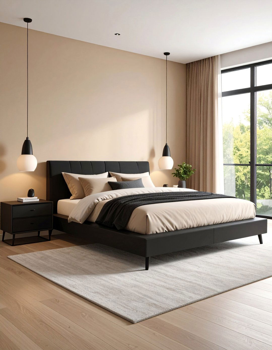 Minimalist Platform Bedroom with Black Accents - 25 Black and Beige Bedroom Design Ideas