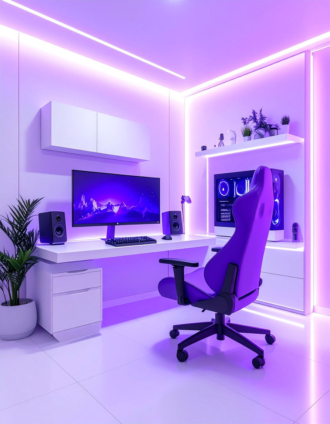 Minimalist Purple Gaming Setup with Clean Lines - 25 Purple Gaming Setup Ideas