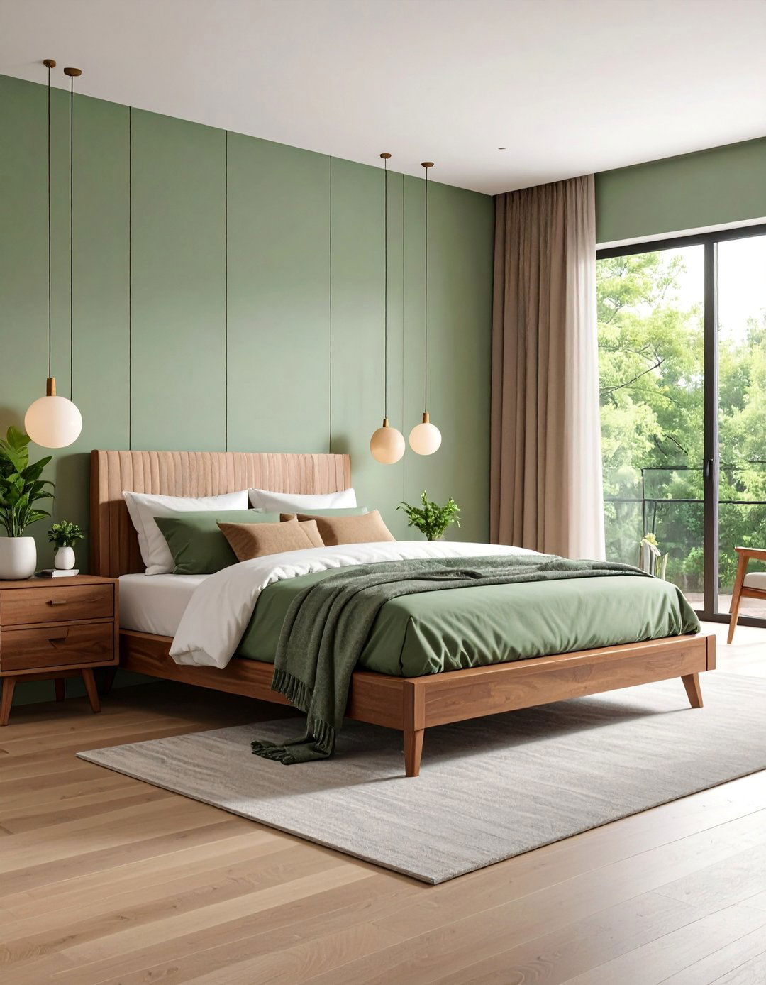 Minimalist Sage Green Bedroom with Brown Wood Accents - 25 Green and Brown Bedroom Ideas
