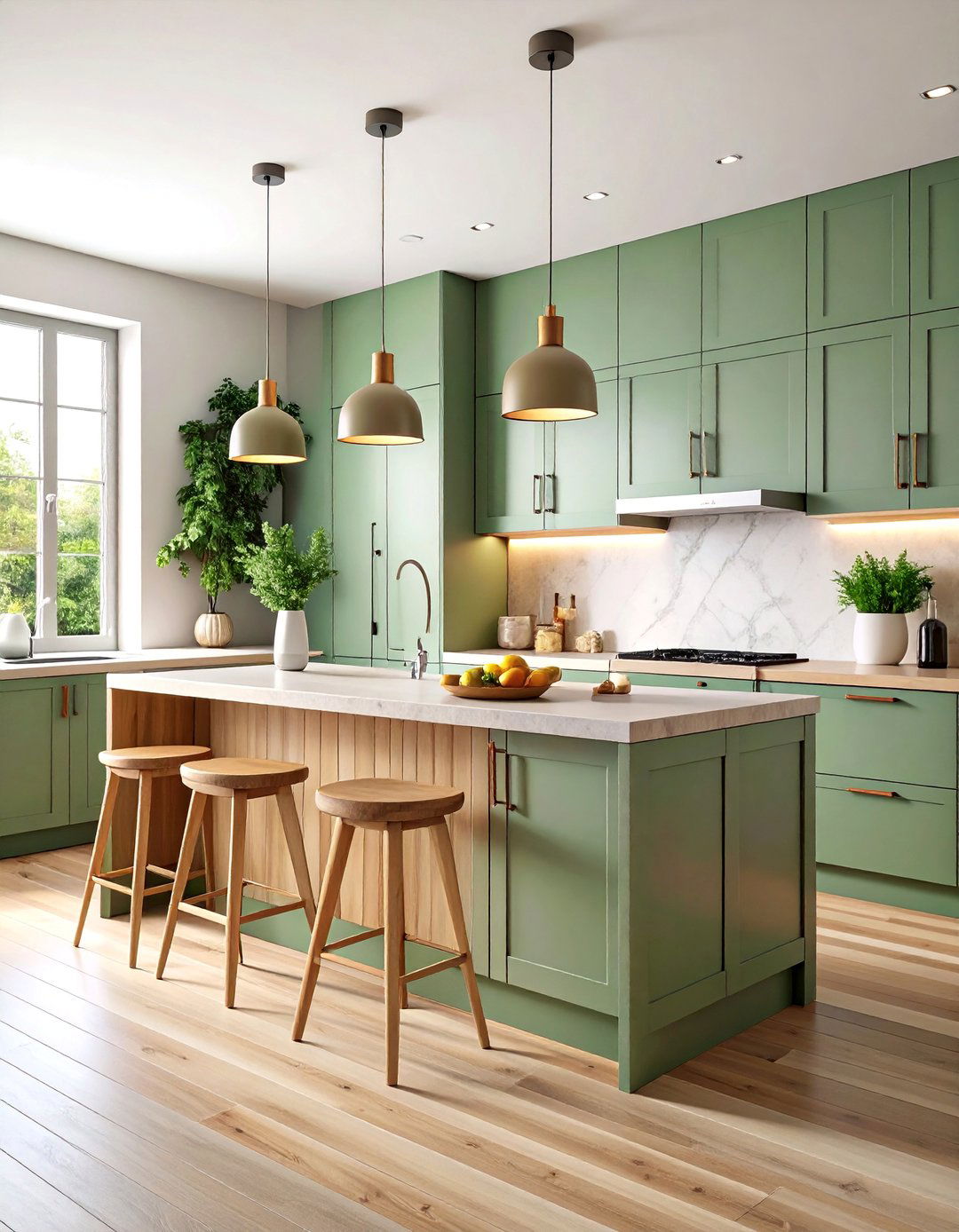 Minimalist Sage Green Kitchen with Concrete and Wood Composite Butcher Block - 25 Sage Green Kitchen Cabinets With Butcher Block Countertops