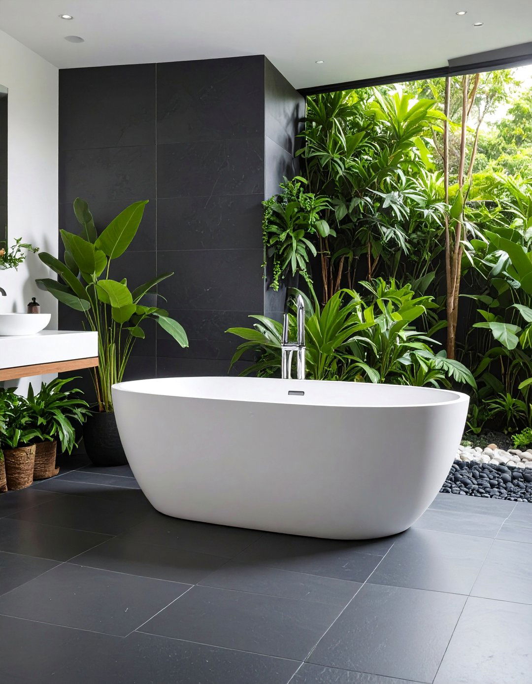 Minimalist Spa Black Slate Floor with White Walls and Freestanding Tub - 25 Black Floor Bathroom With White Walls Ideas