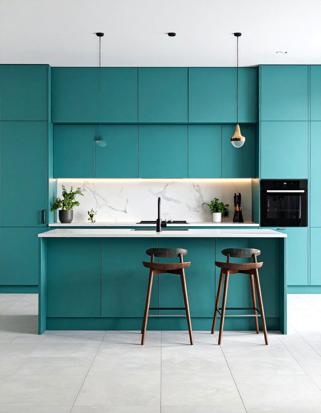 Minimalist Teal Kitchen with Handle less Cabinets - 25 Teal Kitchen Ideas