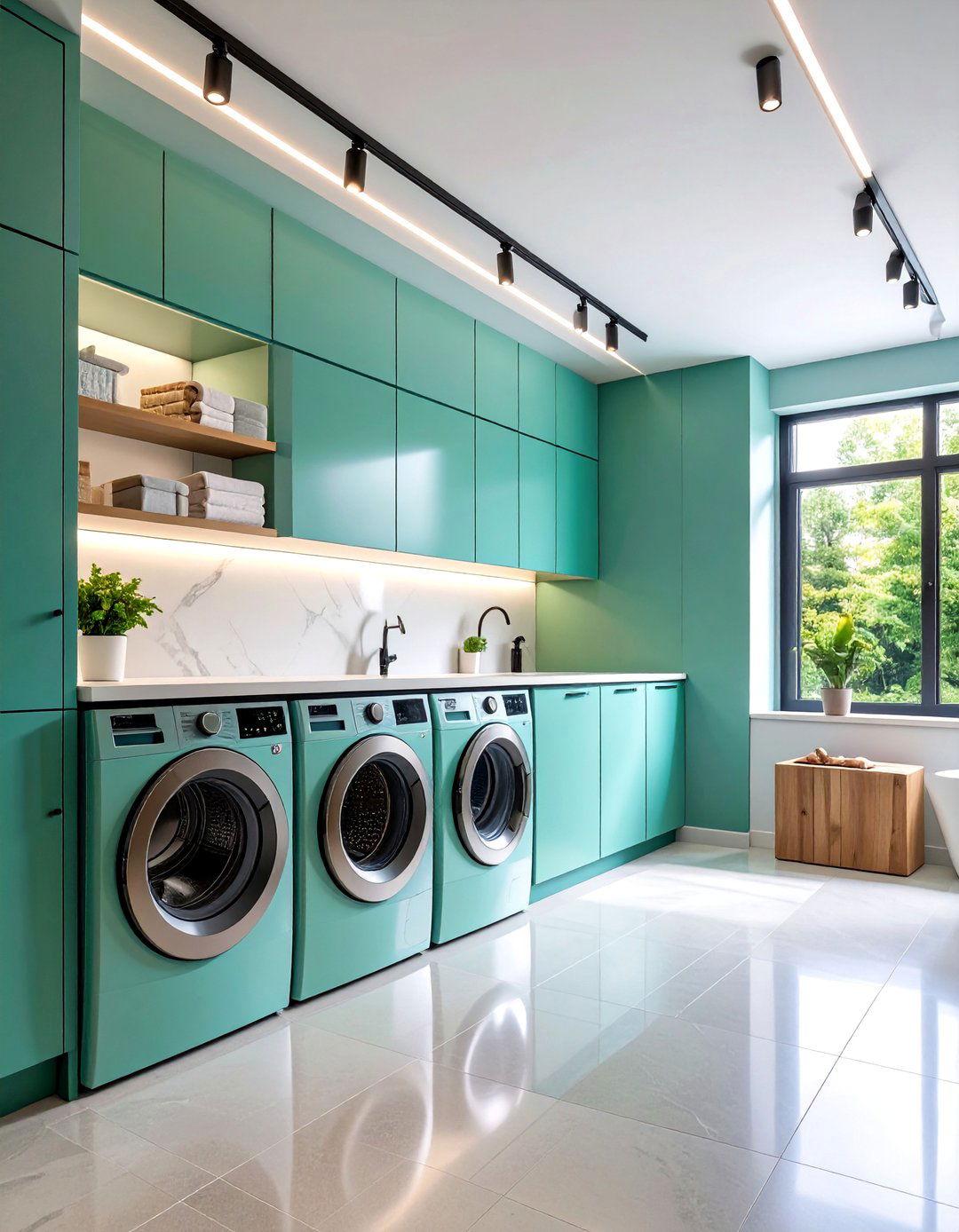 Minimalist Track System with Geometric LED Heads - 25 Laundry Room Lighting Ideas
