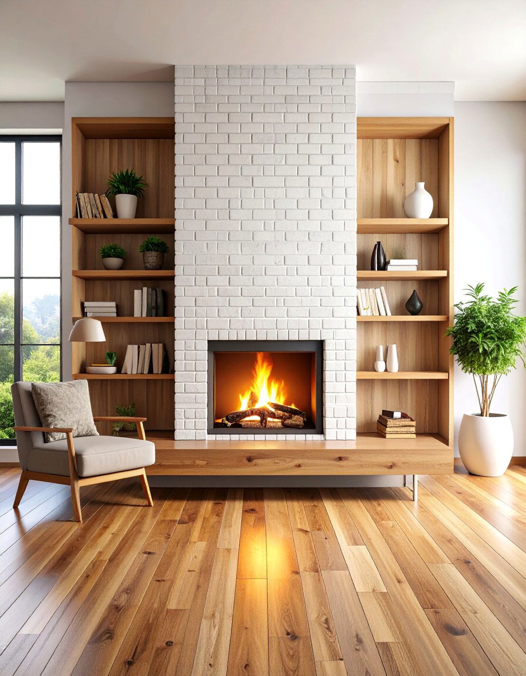 Minimalist White Brick Fireplace with Floating Wooden Shelf - 25 White Brick Fireplace Ideas