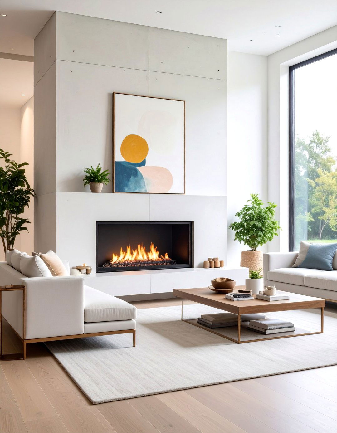 Minimalist White Concrete Fireplace with Floating Hearth - 25 Faux Fireplace Ideas