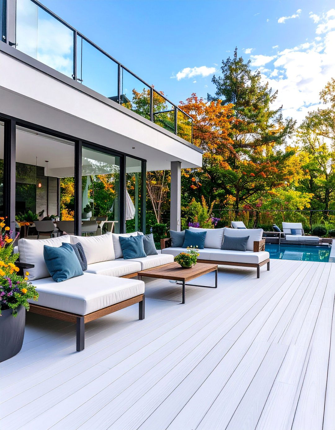 Minimalist White Deck with Glass Panel Railings - 25 White Deck Ideas