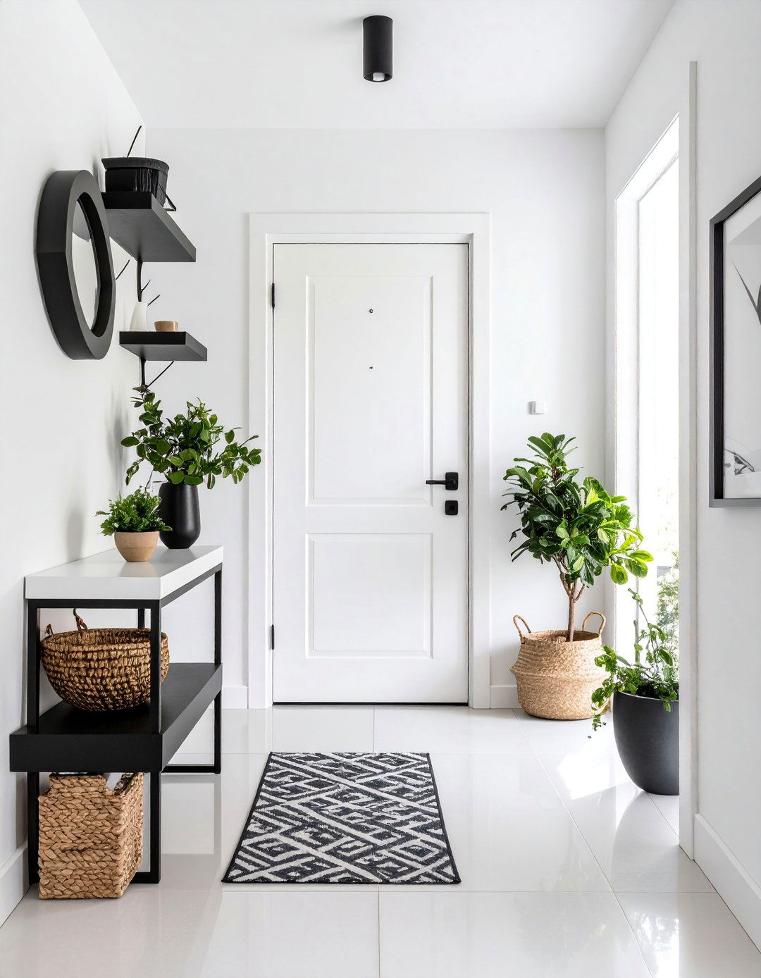 Minimalist White Entry Nook with Black Accents - 25 Black and White Entryway Design Ideas