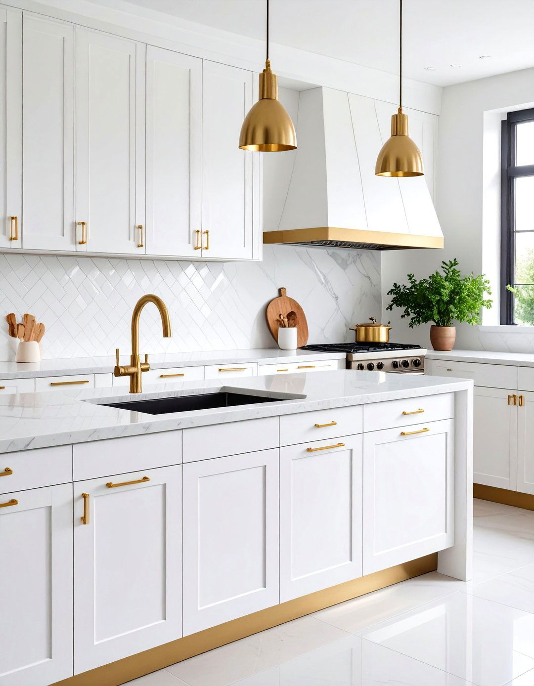Minimalist White Flat Panel Cabinets with Matte Gold Handles - 25 White Kitchen Cabinets With Gold Hardwar
