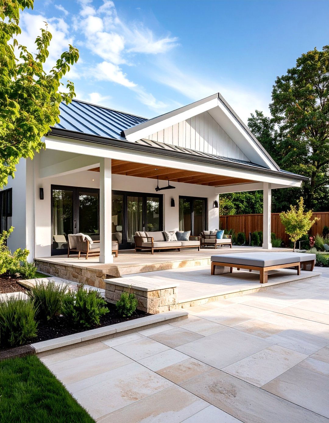 Minimalist White Gable Patio Roof with Hidden Gutters - 25 Gable Patio Roof Design Ideas