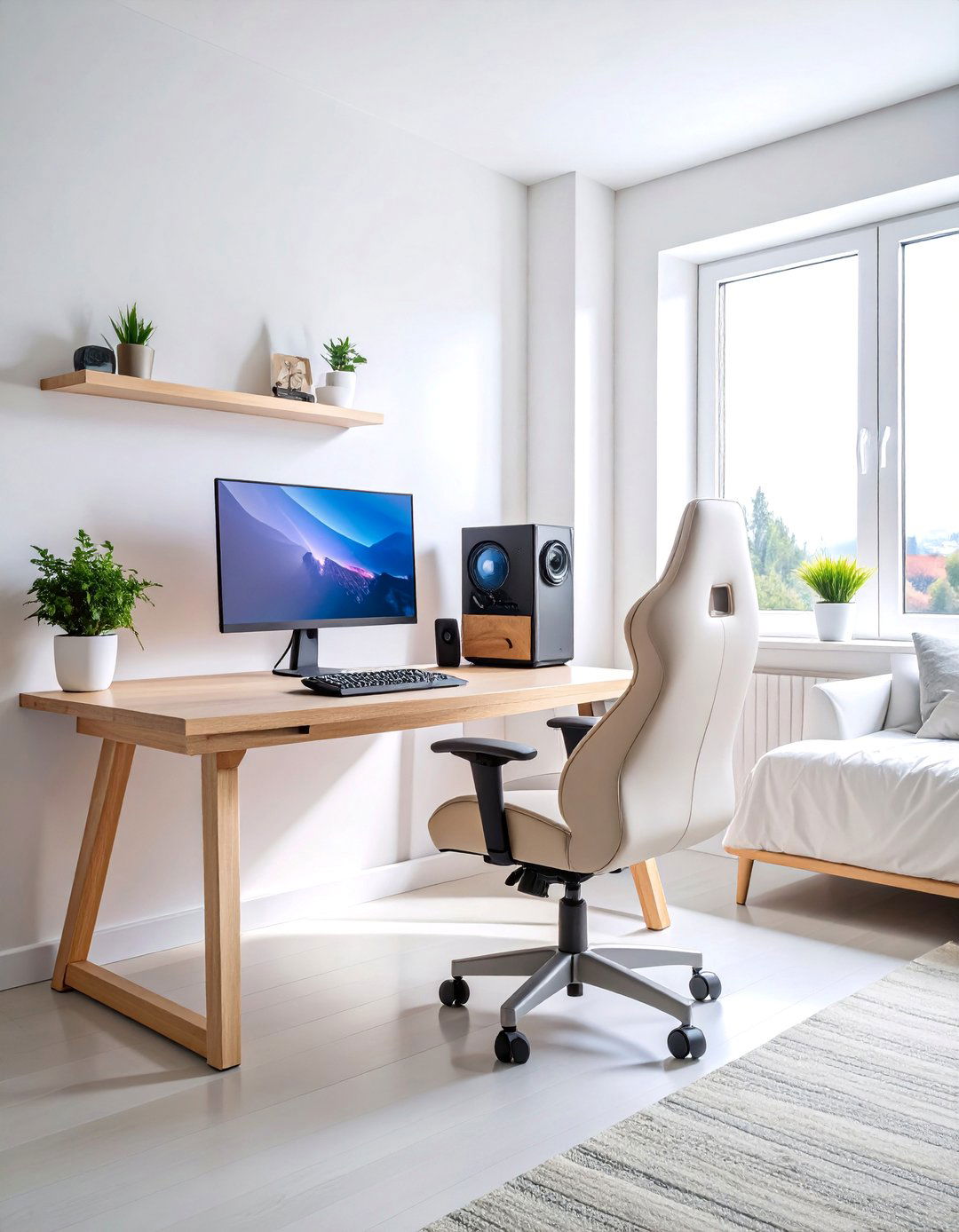 Minimalist White Gaming Room with Natural Wood - 25 Gamer Girl Room Ideas