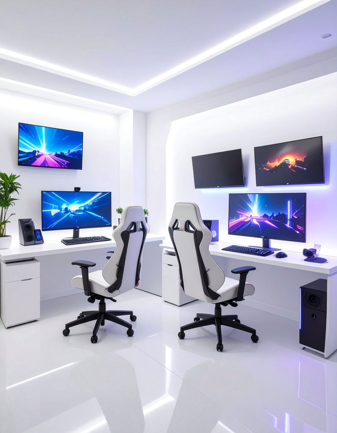 Minimalist White Gaming Studio - 25 Game Room Paint Ideas