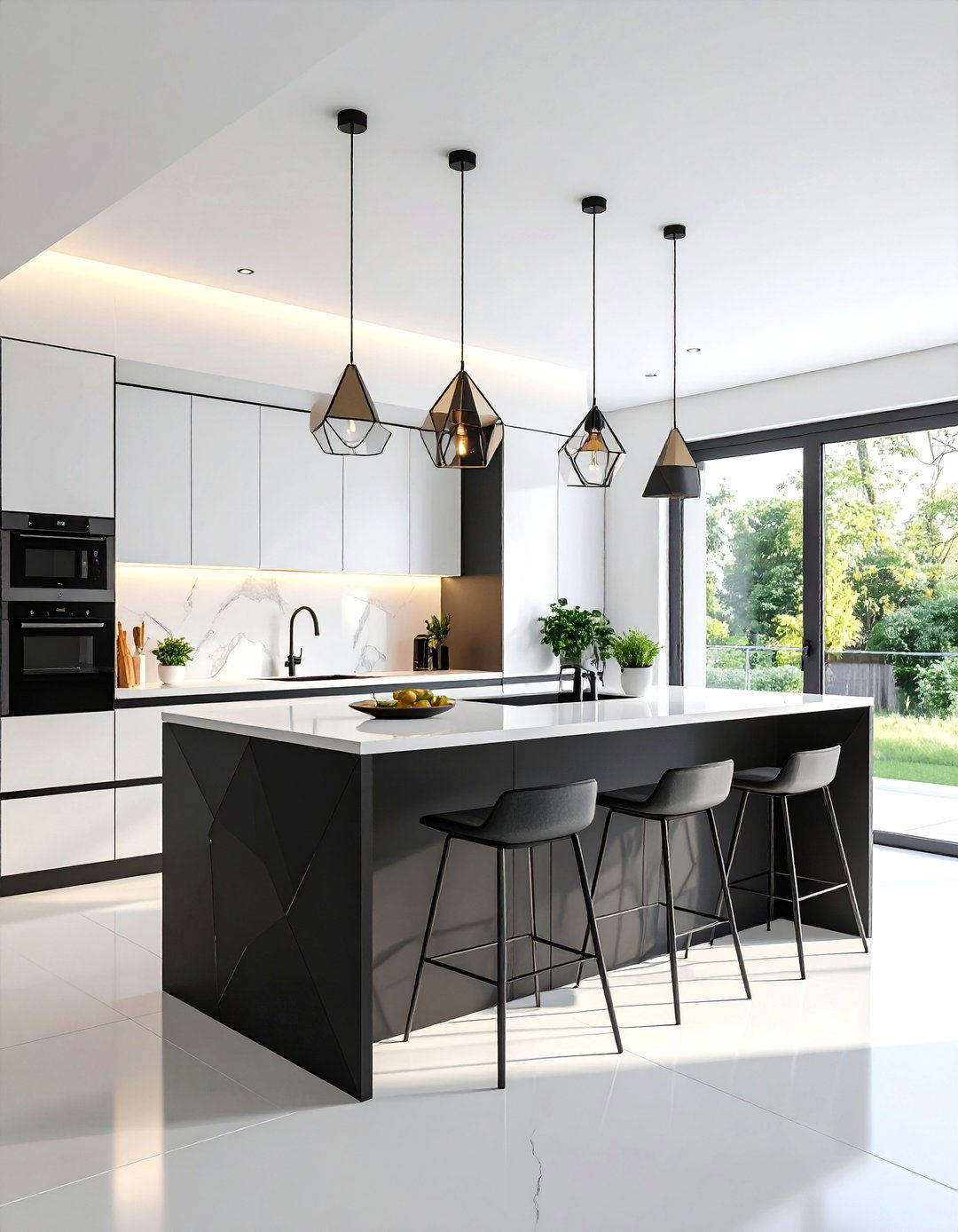 Minimalist White Kitchen with Black Geometric Island - 25 white kitchen ideas with black island