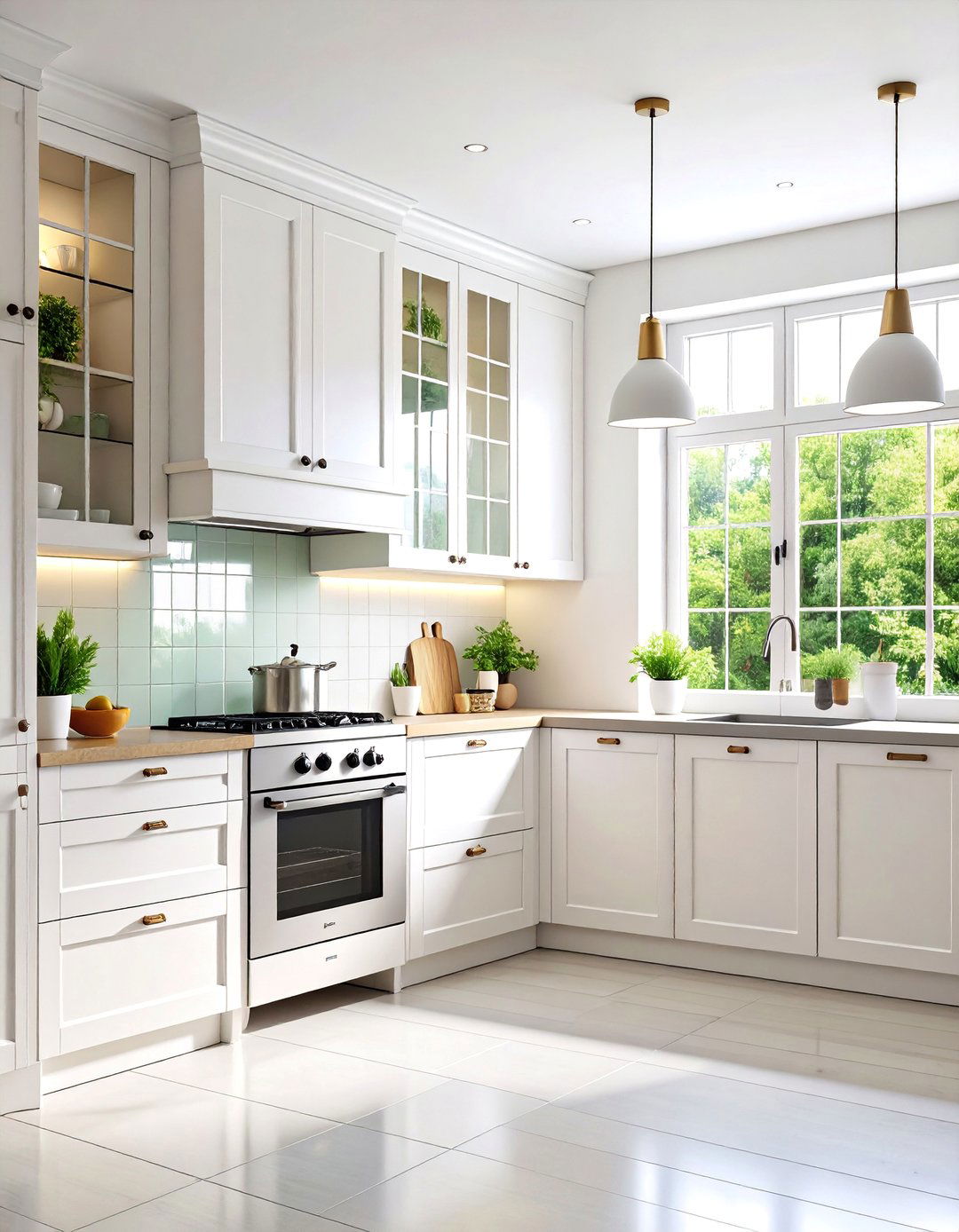 Minimalist White Kitchen with Glass Front Upper Cabinets - 25 Small White Kitchen Ideas