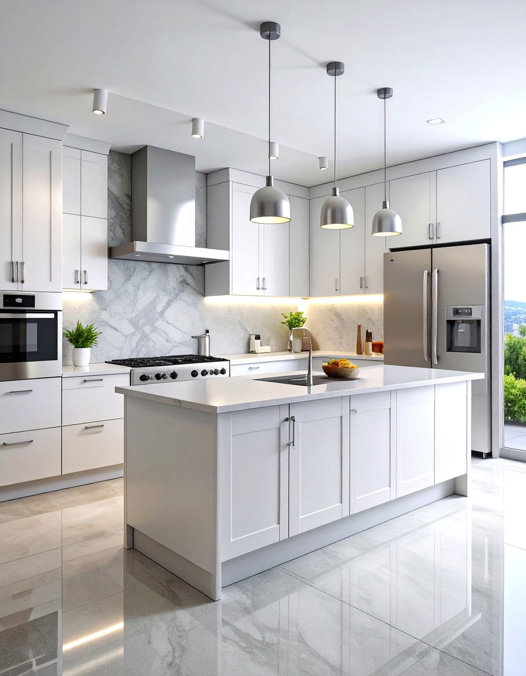 Minimalist White Kitchen with Grey Stone Backsplash Feature - 25 Grey and White Kitchen Designs