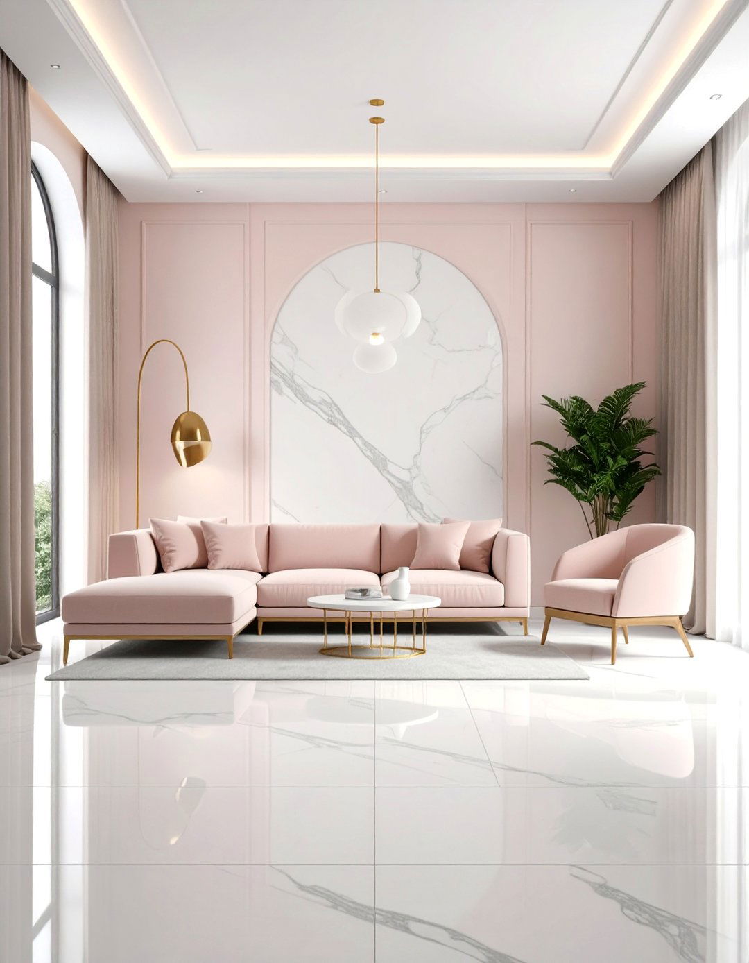 Minimalist White Marble Floor Living Room with Floating Furniture - 25 Marble Floor Living Room Ideas