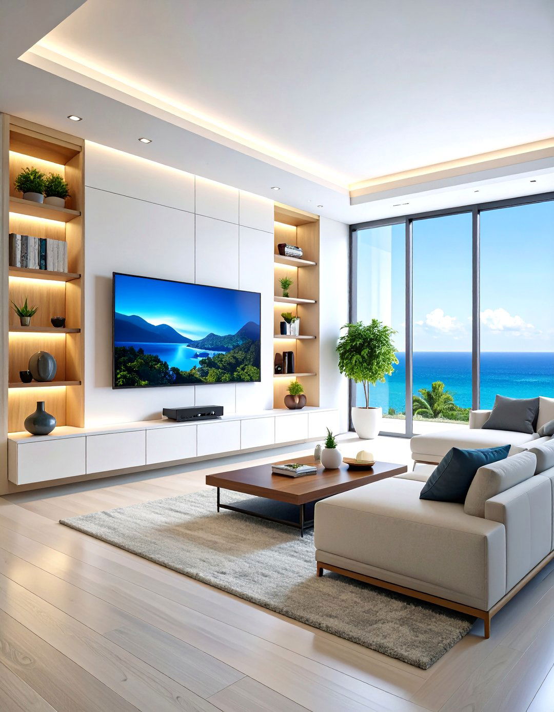 Minimalist White Media Wall with Hidden Lighting - 25 Media Wall Ideas