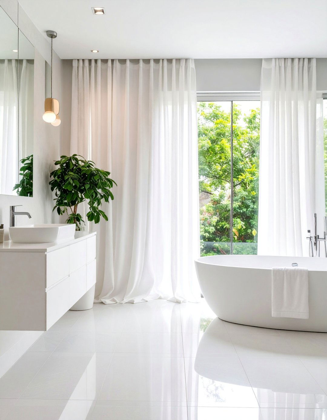 Minimalist White Sheer Bathroom Curtains with Clean Lines - 25 bathroom curtain ideas