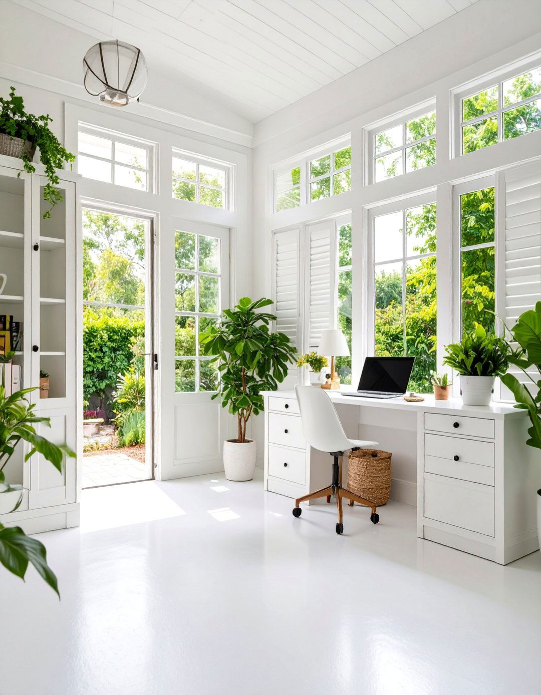 Minimalist White Sunroom Office with Clean Storage Solutions - 25 Sunroom Office Ideas