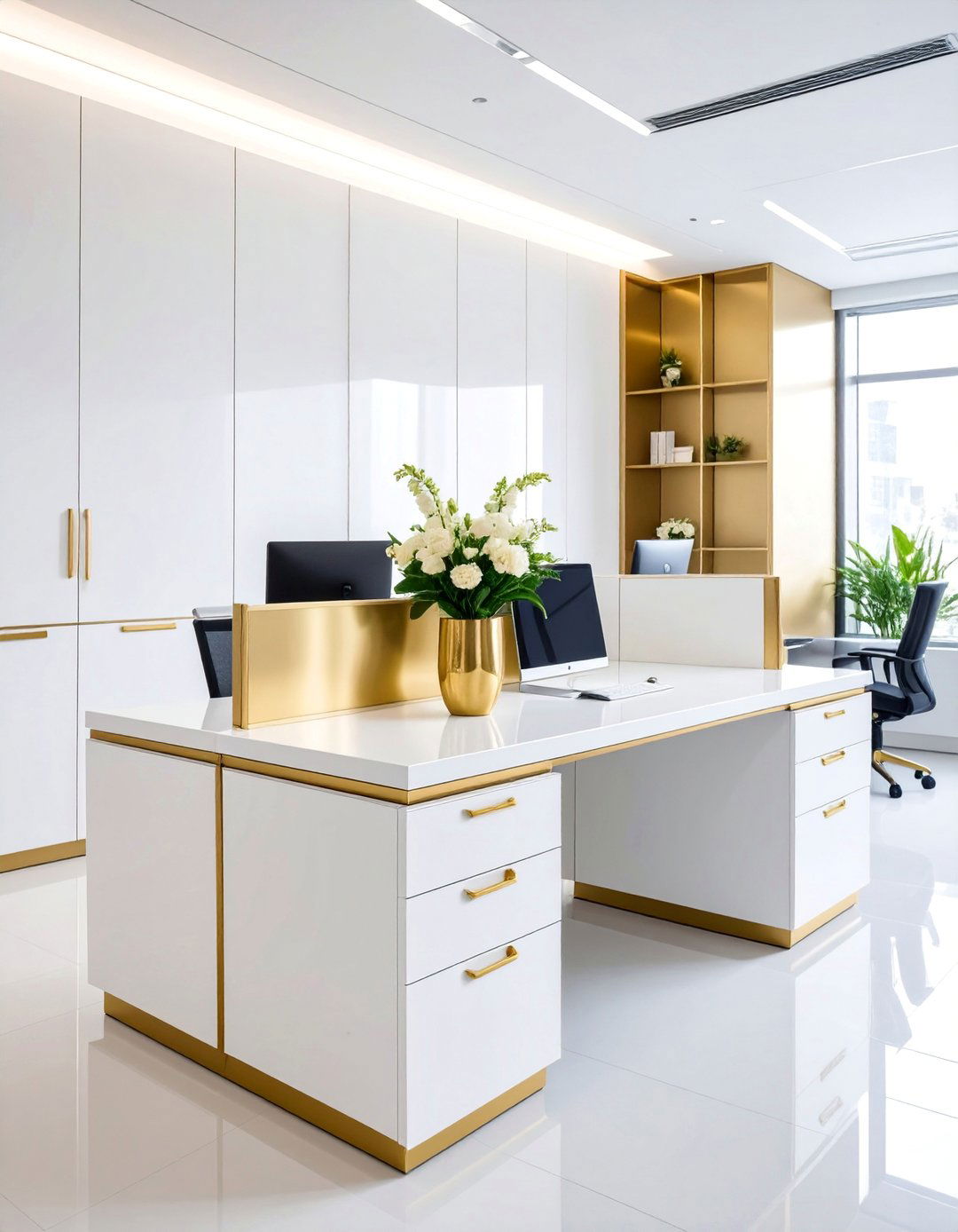 Minimalist White and Gold Elegance - 25 Cubicle Decor Ideas