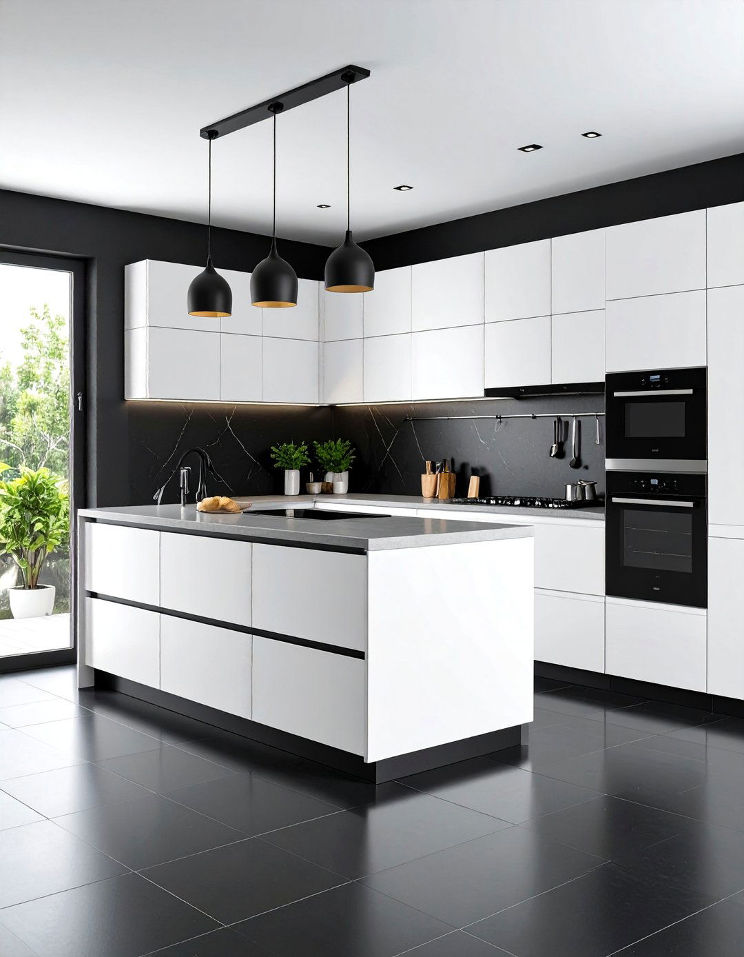 Minimalist White with Black Porcelain Floors - 25 Black Floor Kitchen Ideas
