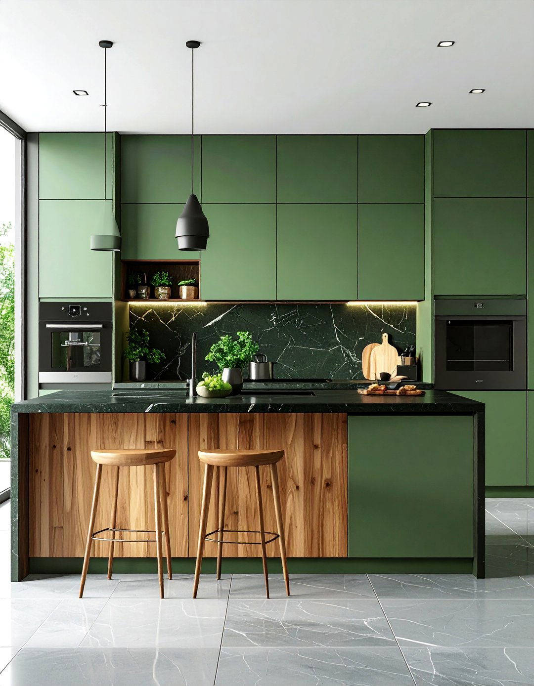 Minimalist Zen Kitchen with Sage Green Cabinets and Black Stone - 25 Sage Green and Black Kitchen Ideas
