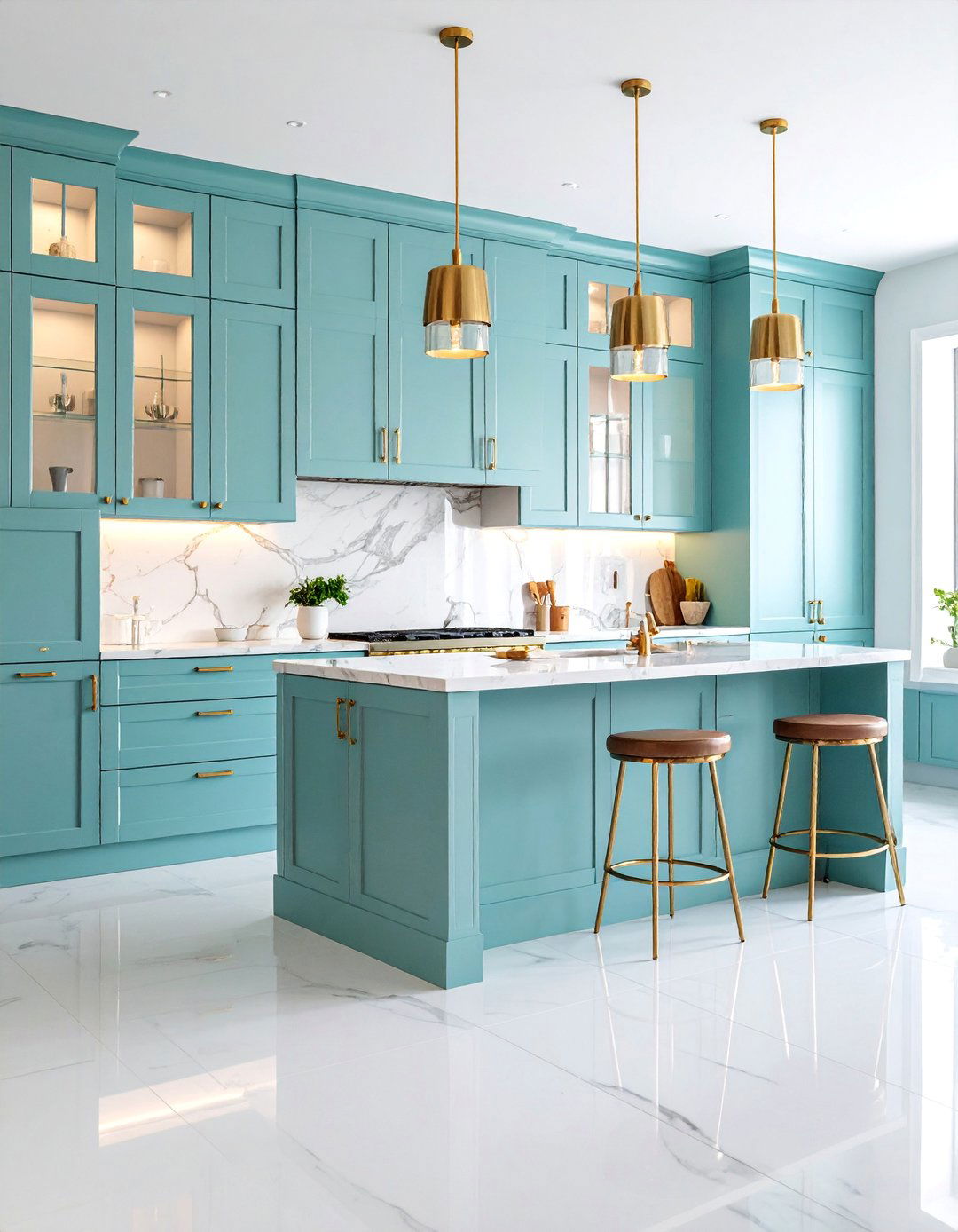 Mint Blue Kitchen with Marble Veining Details - 25 Mint Kitchen Decor Ideas
