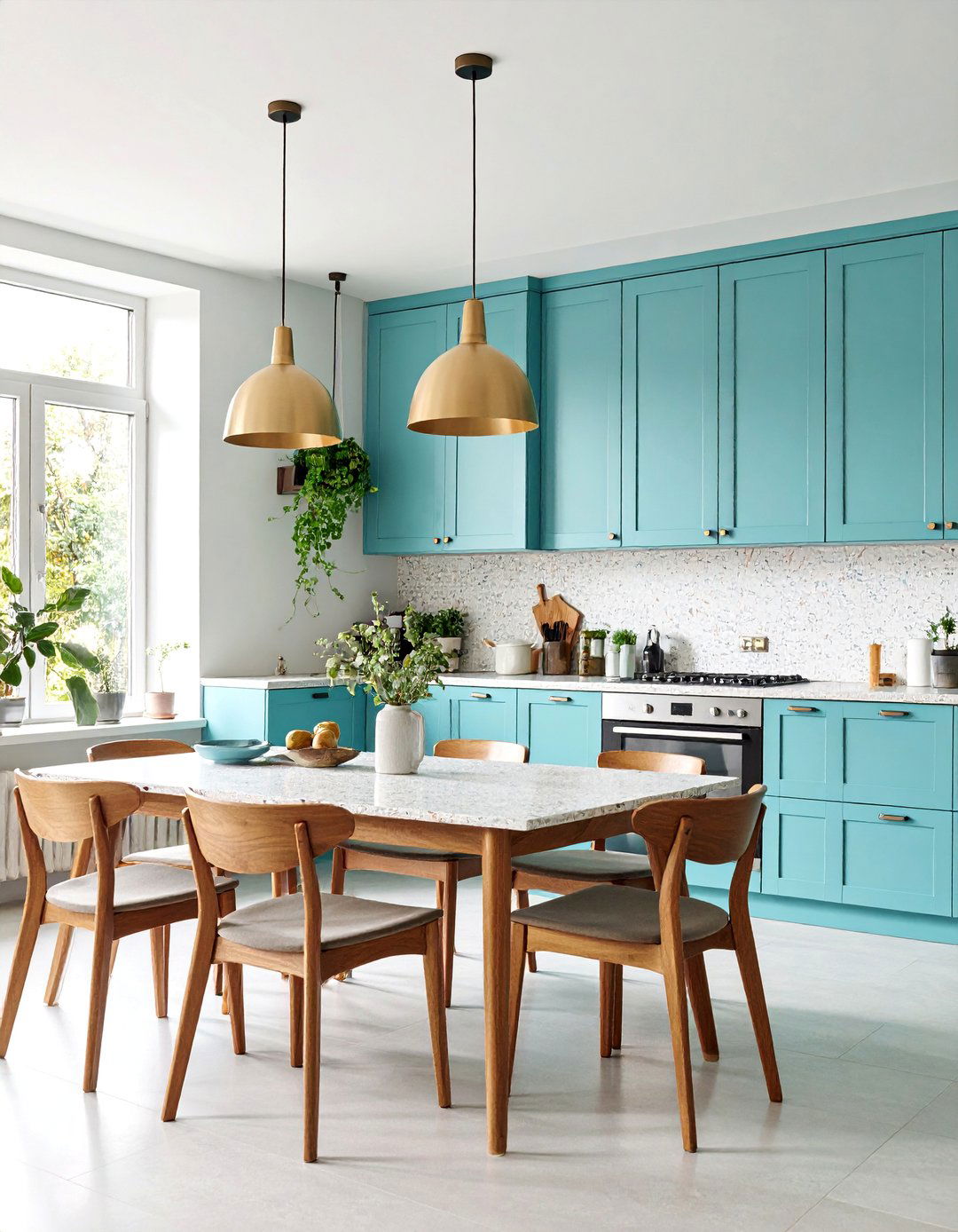 Mint Blue Slatted Cabinets with Terrazzo Table - 25 Mint Kitchen Decor Ideas
