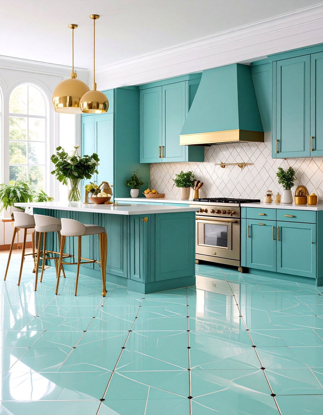 Mint Green Art Deco Pattern with Brass Details - 25 Linoleum Kitchen Flooring Ideas