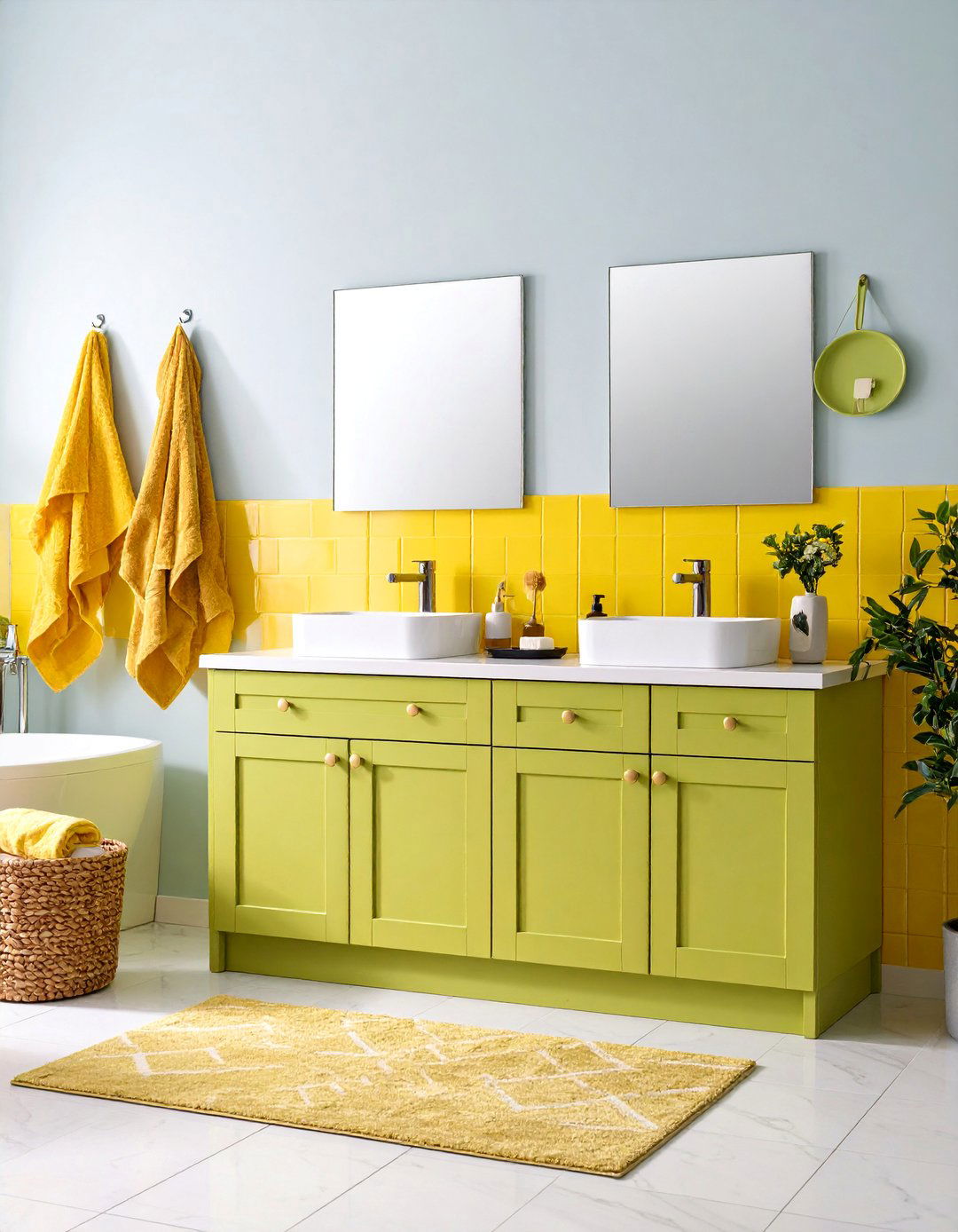 Mint Green Cabinetry with Sunshine Yellow Backsplash - 25 Yellow and Green Bathroom Ideas