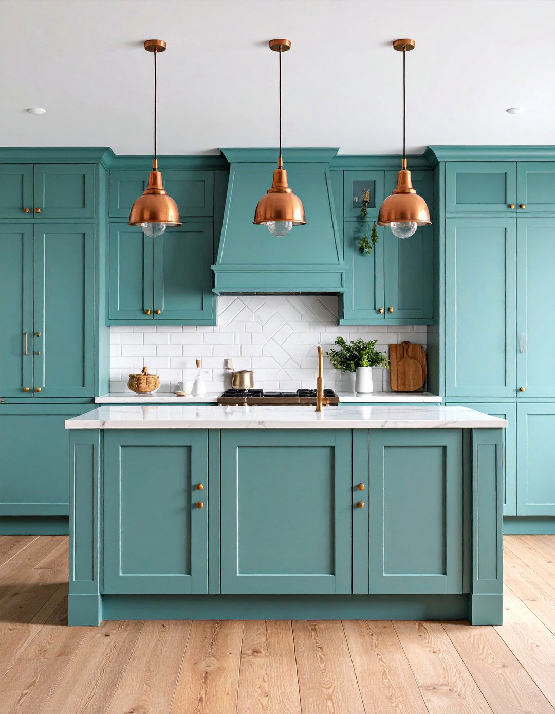 Mint Green Cabinets with Copper Pendant Lighting - 25 Green and Copper Kitchen Ideas