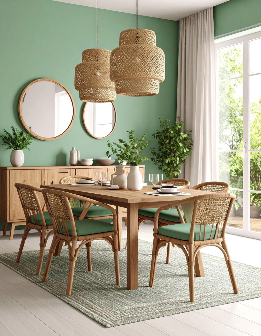 Mint Green Coastal Dining with Natural Textures - 25 Green Dining Room Ideas