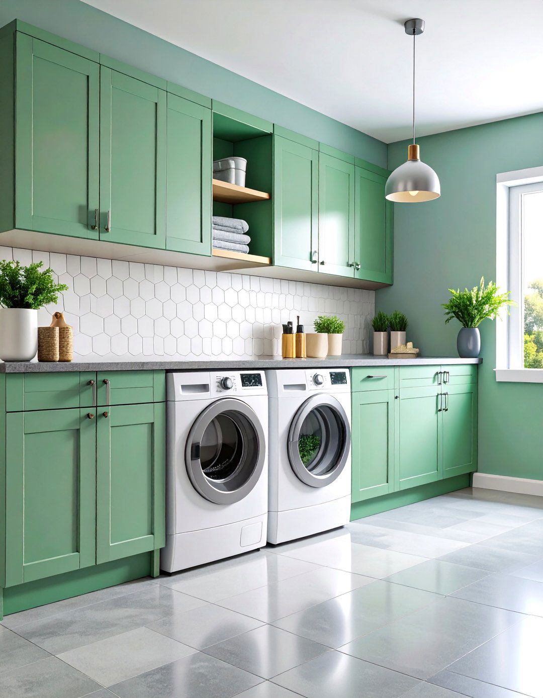 Mint Green Contemporary with White Hexagon Tiles - 25 Green Laundry Room Ideas